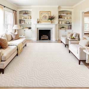 SHACOS 9x12 Large Area Rugs for Living Room Beige Solid Color Soft Fluffy Rug for Bedroom Non Slip Washable Indoor Mat Floor Carpet for Kids Room Nursery Office, High-Low Pile Boho Modern Rug