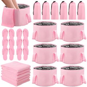 FillTouch 6 Sets Pink Foldable Foot Bath Kit with 15L Foot Soaking Tub Collapsible Towels Women Adult Foldable Slippers Portable Bag Spa Soak Pedicure Bath for Spa Party Sleepover Party Supplies