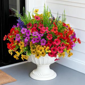 Artificial Fake Flowers for Outdoor UV Resistant,16 Bundles Silk Outside Plants Decoration for Hanging Planters, Daisy Eucalyptus Faux Flower Spring Summer Garden Yard Patio Balcony Home