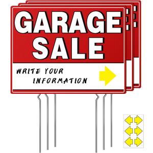 Garage Sale Sign, 17" x 13" Double-Sided With Stakes and Arrow Stickers - Weather-Proof (4 Pack)