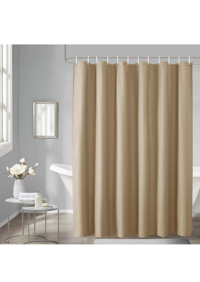 Dynamene Beige Fabric Shower Curtain - Waffle Textured Heavy Duty Cloth Shower Curtains for Bathroom, 256GSM Hotel Spa Luxury Weighted Bath Curtain Set with 12 Plastic Hooks,72x72, Beige/Khaki 
