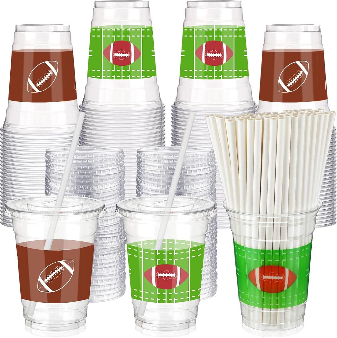Yaomiao 300 Pcs 12 oz Football Plastic Cups with Lids and Straw Football Plastic Cup Football Disposable Clear Cups Football Drinking Cups Football Themed Party Drinking Set for Party Supply