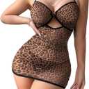 Sexy Chain Sheer Mesh Ruched Bodycon Mini Lingerie Dress with Thong 2 Piece Set Outfits (Leopard)