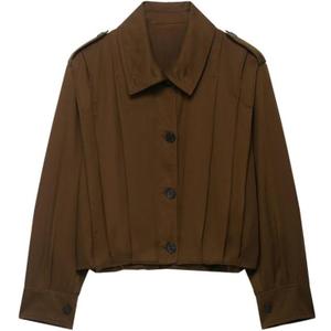 FindThy Womens Cropped Pleated Jacket Casual Lapel Collar Long Sleeve Button Down Outerwear Trench Coat, Brown L
