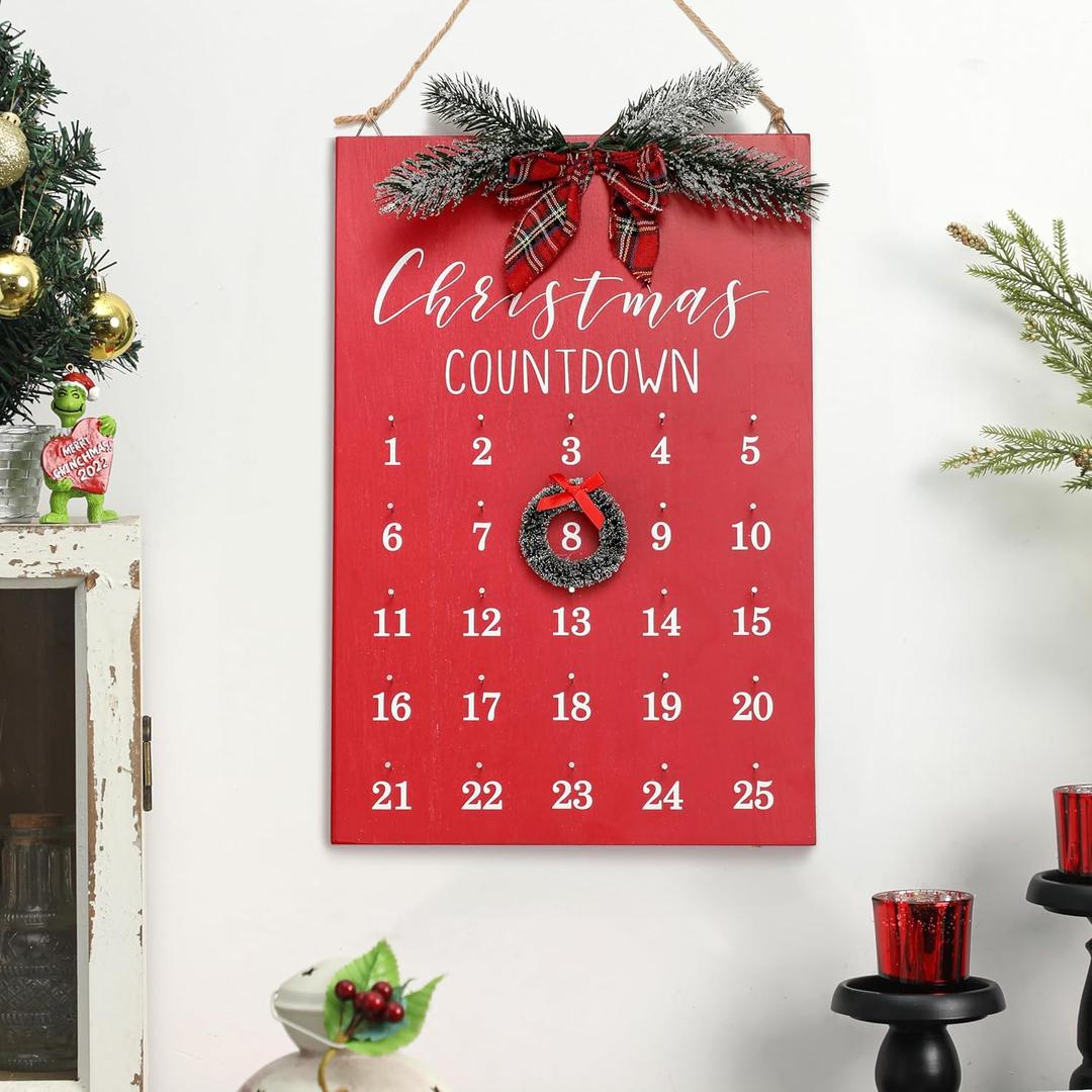 Christmas Countdown Calendar, Farmhouse Christmas Wreath Calendar, Vintage Advance Count Down to Christmas Sign, Xmas Wooden Hanging Decor for Wall Holiday (Red)