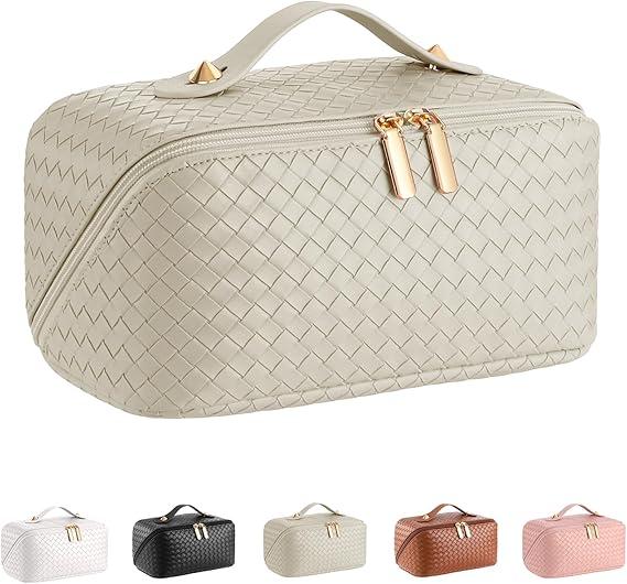 Large Capacity Travel Cosmetic Bag  PU Leather Makeup Organizer Bag Portable Woven Makeup Bags for Women Waterproof Travel Toiletry Bag with Divider Pouch, Khaki