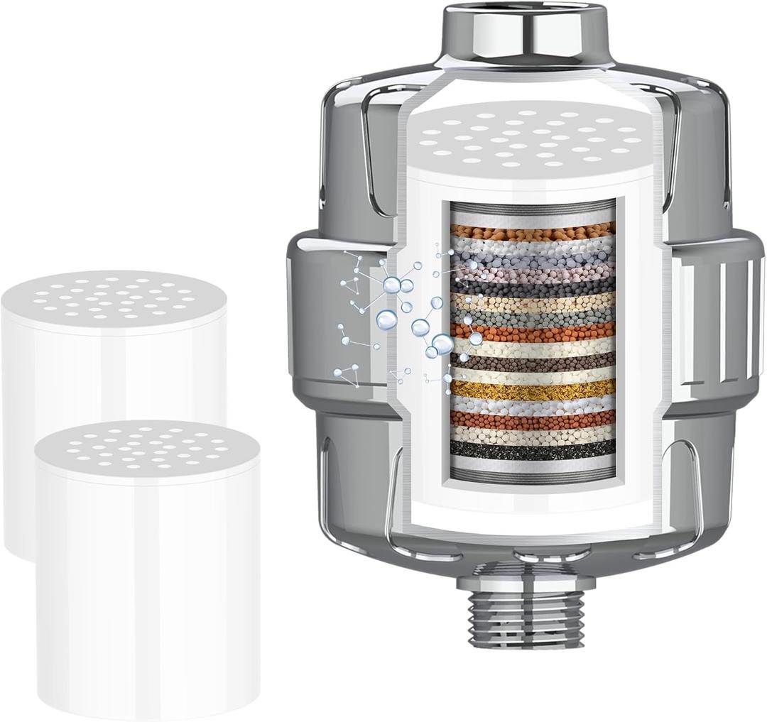 20-Stage Shower Head Filter for Hard Water, with 2 Replaceable Filter Cartridges, High Output Shower Water Filter for Removing Chlorine and fluoride,Chrome