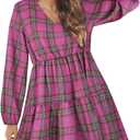 FANCYINN Womens Long Sleeve Buffalo Plaid Shift Tunic Dress Ruffle Hem Vneck Casual Swing Babydoll Mini Dress with Pockets (X-Small, Rose Red Plaid)