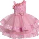 IMEKIS Toddler Kids Girls Pageant Sequin Flower Dress, Shiny Asymmetric Shoulder Formal Party Tiered Tulle Gowns (Pink, M)