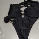 Fanuerg Women's Halter V Neck Bikini Sets Ring Linked Two Piece Swimsuit Cheeky Swim Bathing Suit 2025 (Black, XL)