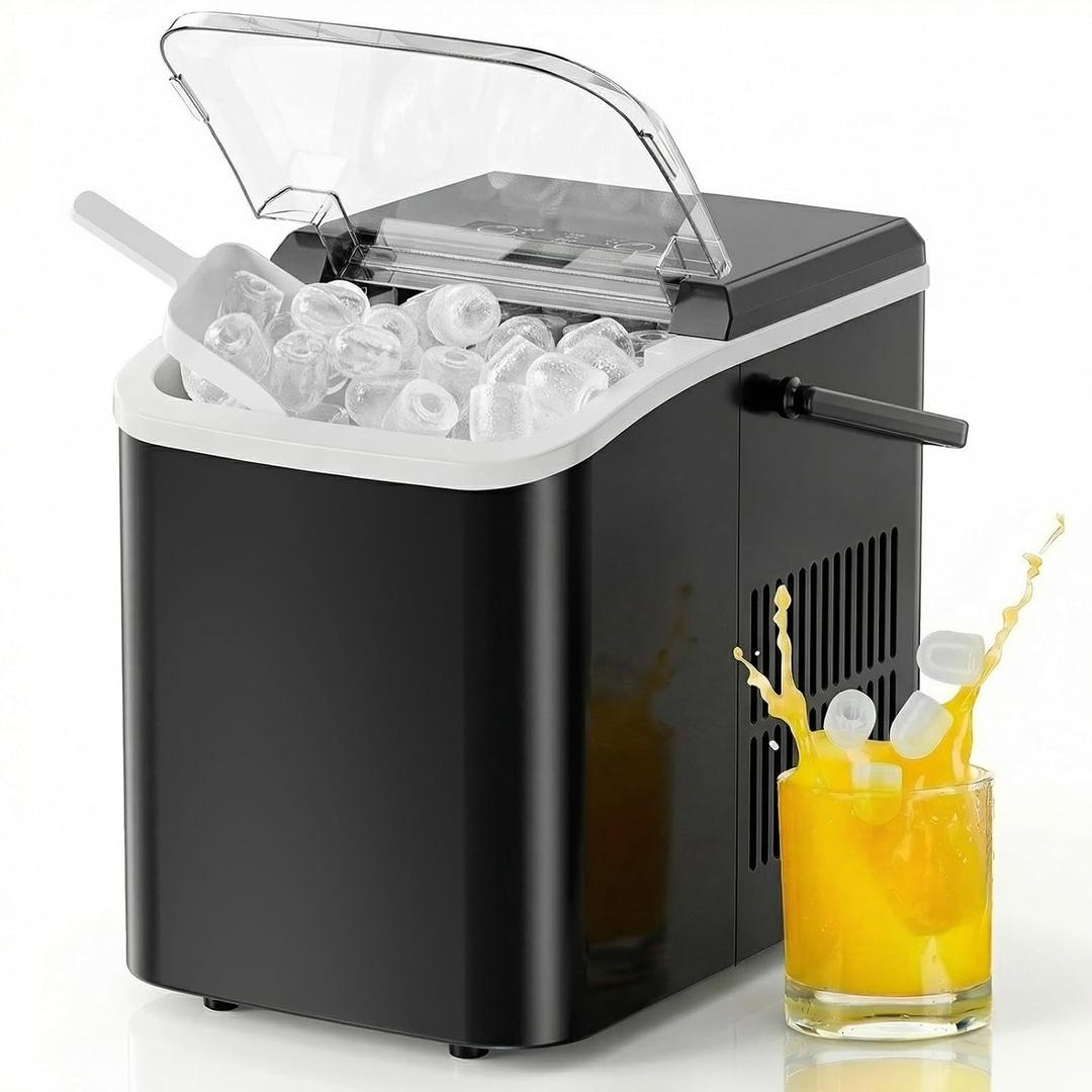 NEWBULIG Ice Makers Countertop with Handle, Portable Ice Machine, 9 Bullet Cubes in 6 Mins, 26lbs in 24Hrs, Auto-Cleaning, with Basket and Scoop, for Home, Kitchen, RV, Camping, Black
