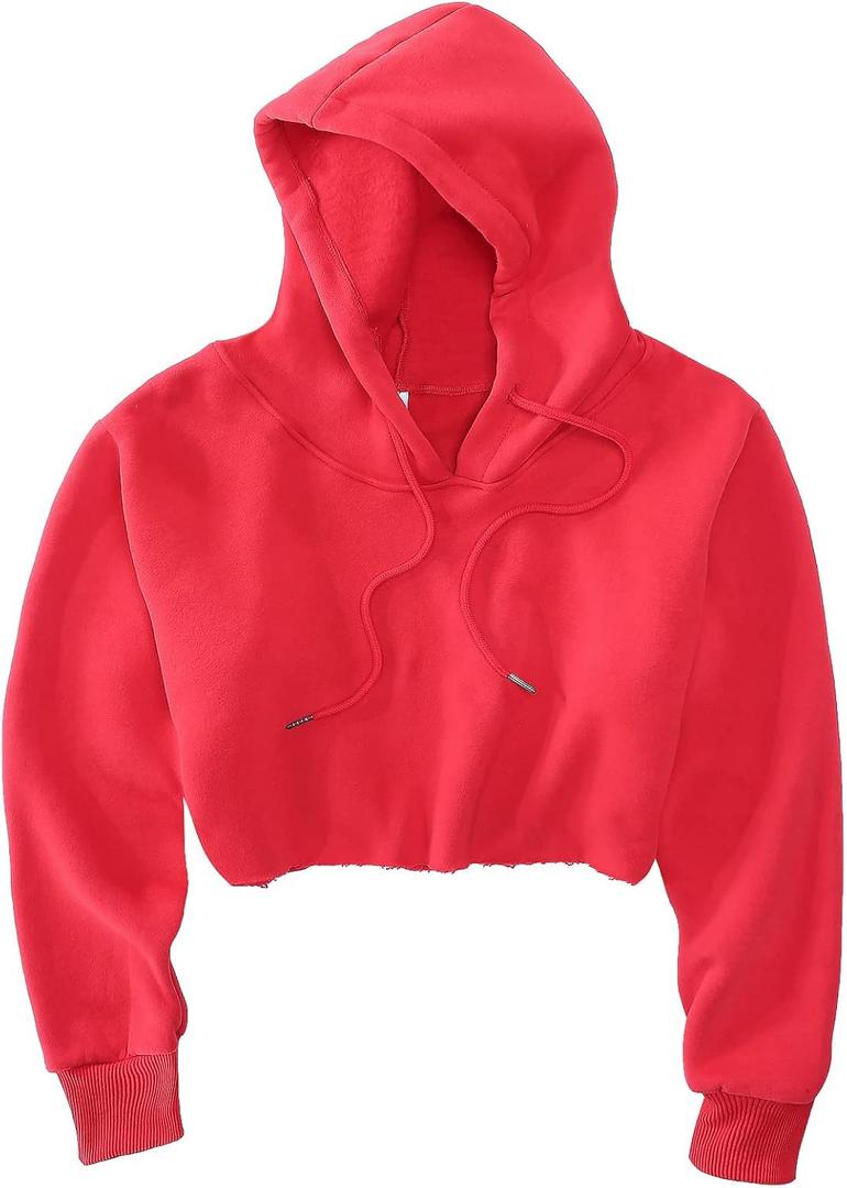 Women's Cropped Hoodie Fleece Long Sleeve Pullover Cut Off Hood Sweatshirt (M, Red)