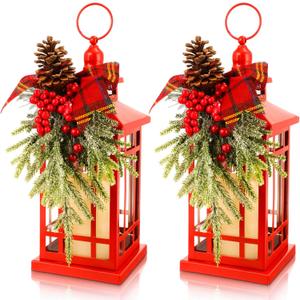 Tuanse 2 Pcs Christmas Decorative Lanterns Red Metal Hanging Candle Lantern Vintage Flameless Decorative Lanterns with LED Lights for Indoor Outdoor Home Table Porch