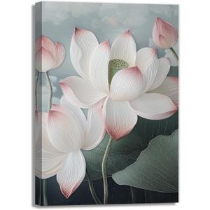 Lotus Canvas Wall Art White Pink Lotus Flower Picture Print Zen Wall Decor Spa Painting Spiritual Artwork For Meditation Room Decor Framed(Artwork-2,16"x24")