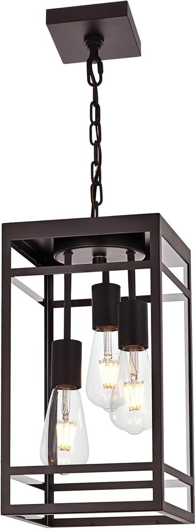 Large Outdoor Pendant Light Fixture for Porch, Oil Rubbed Bronze Outdoor Hanging Lantern Pendant Light with Clear Glass, 3 Lights Exterior Porch Chandelier for Outside Patio,Front Door,Enterway