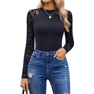 Avidlove Women Long Sleeve Bodysuit Crew Neck Body Suits Mesh One Piece Leotards Shirt Going Out Bodysuit Tops (Medium, Geo Pattern)