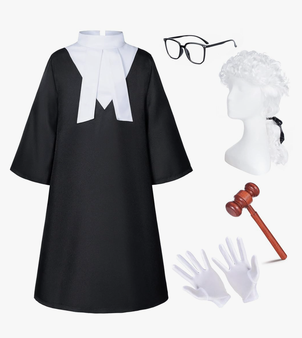 Irtysh Halloween Robe Judge Lawyer Adult Kids Party Graduation Gown Costume Cosplay Wooden Gavel Wig Glasses Gloves set, S