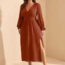 RWJ Plus Size Wedding Guest Dress for Women Deep V Neck Long Sleeve High Waist Slit Formal Cocktail Party Fall Maxi Dresses (Brown)