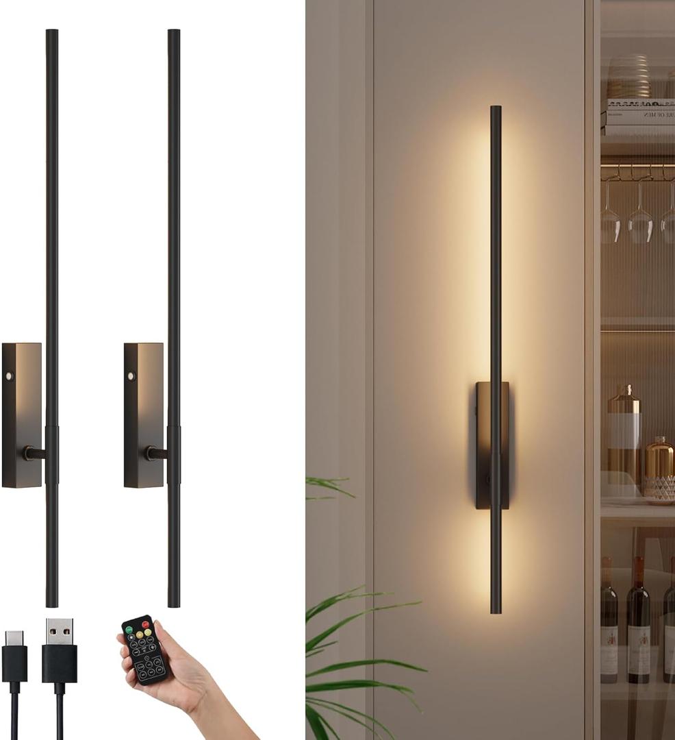Battery Operated Wall Sconces with Remote Control, 6W 6000mAh Dimmable Wireless Wall Sconces Set of 2, Rechargeable Wall Lights Indoor for Living Room Bedroom Hallway, 32.7inch, 2 Pack,Black