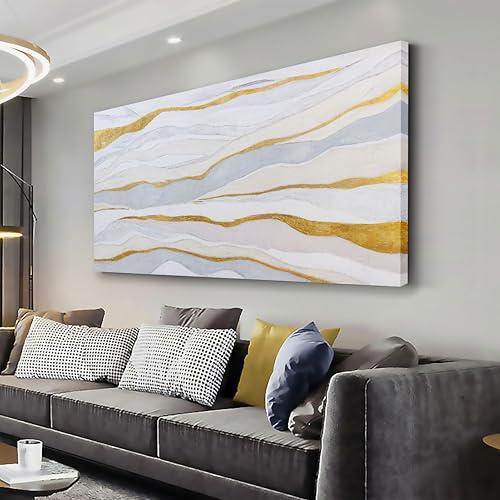 AERART Abstract Wall Art White and Gold Wave Lines Canvas Print Artwork Abstract Wall Decor Paintings for Living Room Bedroom Office Home Decor 24x48 Inch