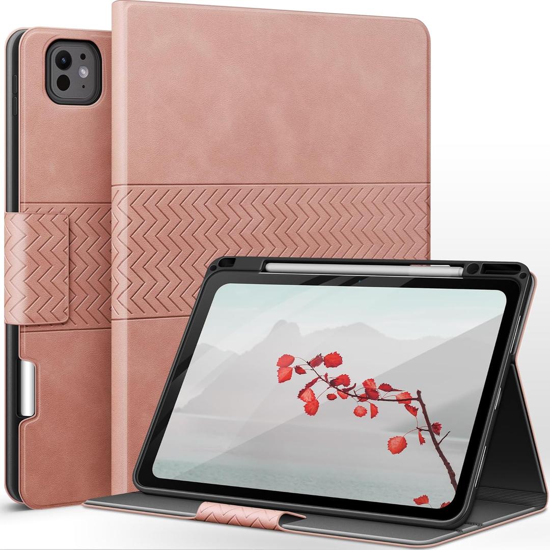 auaua Case for iPad Pro 13 Inch (M5/M4) 2025/2024, PU Leather Case with Pencil Holder, Supports Pencil Pro and Pencil(USB-C), Adjustable Angles, Auto Sleep/Wake (Pink)