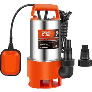 Prostormer Sump Pump, 1HP 3700GPH Submersible Clean/Dirty Stainless Steel Water Pump with Float Switch for Fresh Water, Mains Water, and Pool Water Orange