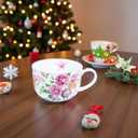LanHong 25 Ounce Bone China Soup Bowls with Handles Large Soup Mug for Coffee Cereal Oatmeal Latte Flora Soup Bowl Bone China Soup Cup Microwave Safe (Pink Floral)