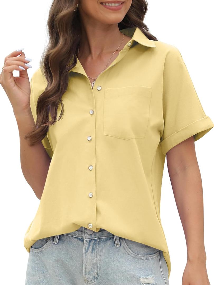 CUNLIN 100% Cotton Short Sleeve Shirts for Women Button Down Shirt Womens Blouses Casual Summer Tops with Pockets (X-Small, 757_khaki)