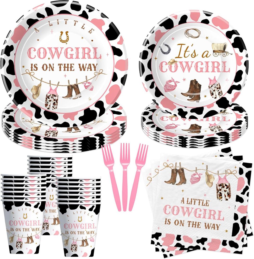 Funnymoom 452 Pcs Cowgirl Baby Shower Party Decorations Include a Little Cowgirl Is on the Way Paper Plates Napkins Cups Tablecloth Cutlery Straws for Baby Shower Party Supplies