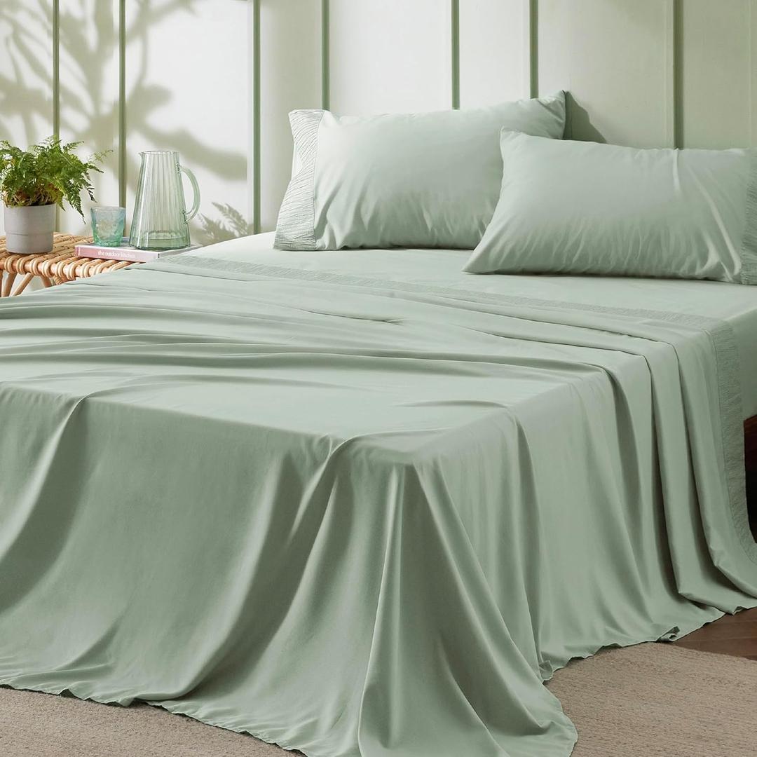 Bedsure Queen Sheet Set - 4 Pieces Soft Queen Size Sheets - Breathable & Cooling - Hotel Luxury - Easy Care Polyester Microfiber Bedding for Women, Men, Sage Green
