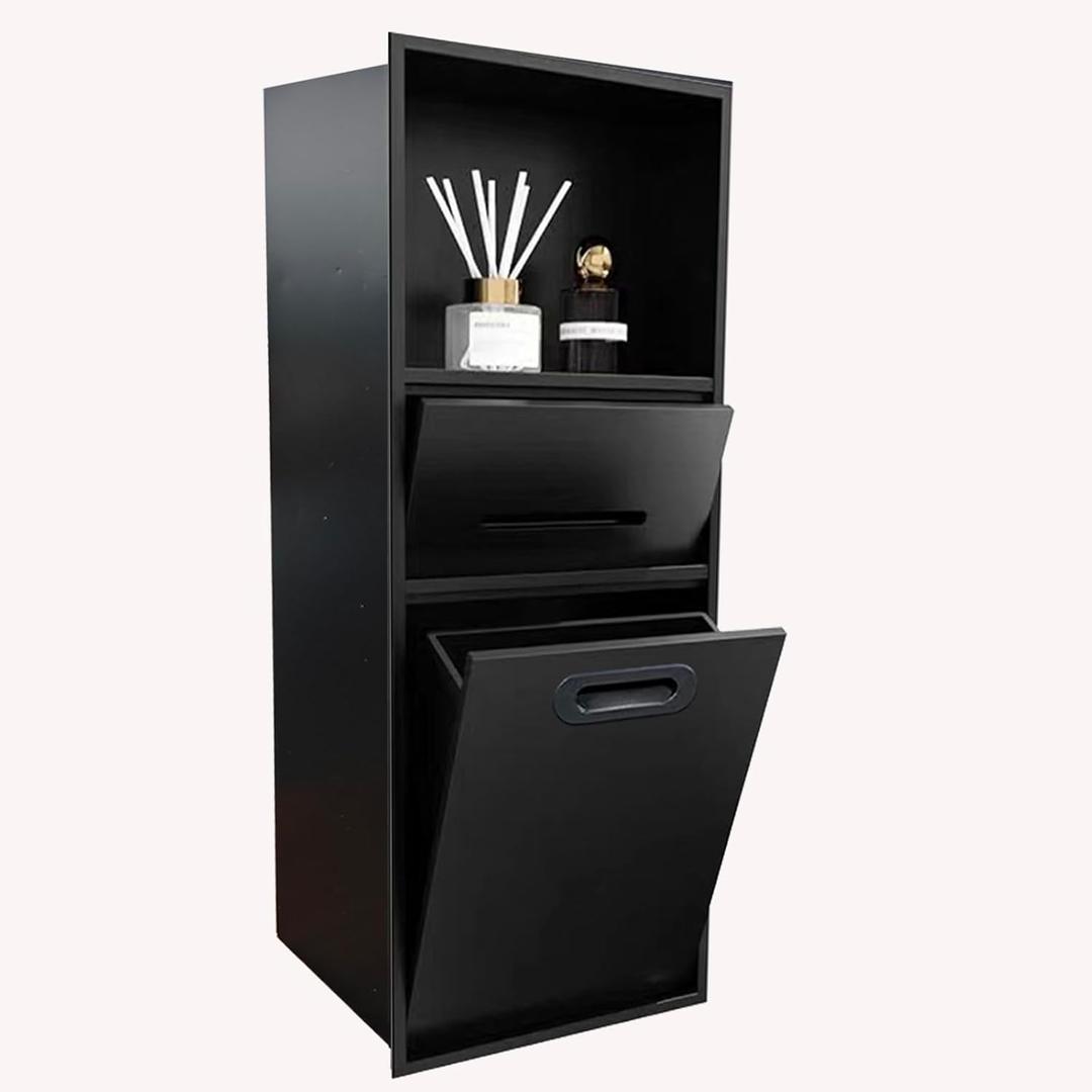 Stainless Steel Shower Nich, 25.4X11.2IN Recessed Waterproof Bathroom Niche, Built-in Trash Can Alcove, Toilet Paper Toiletries Storage Rack for Kitchen Living Room Bedroom Hotel Residential (Black)