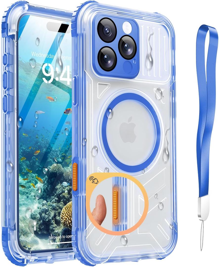 for iPhone 16 Pro Case Waterproof with Magsafe, Built in Camera Control [Screen Protector] [Lanyard], IP68 Military Full Body Shockproof, for Water Sports Outdoor Work, 6.3" Frosted Blue