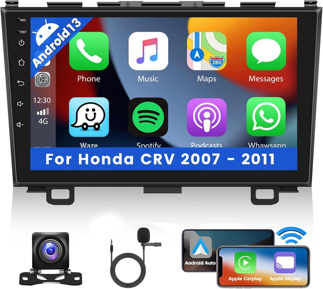 Android 13 Car Stereo for Honda CRV 2007 2008 2009 2010 2011, Wireless Carplay Android Auto, 9 Inch Touch Screen Bluetooth Car Radio HiFi GPS WiFi SWC AHD Backup Camera, 1+32G