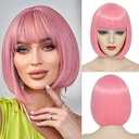 YBYMCAI Pink Bob Wig With Bangs Short Pink Wigs For Women Straight Bob Bangs Wig 10 Inch Heat Resistant Synthetic Hair Natural Looking For Daily Party Use