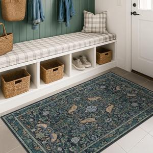 Vintage Large Entryway Rugs Indoor, 3x5 Washable Blue and Green Floral Rugs for Kitchen Floor, Bedroom Beside Bed, Non-Slip & Low Pile Stain Resistant Laundry Carpet with Plant & Bird Pattern