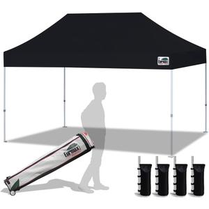 Eurmax USA 10'x15' Pop Up Canopy Tent Commercial Instant Canopies with Heavy Duty Roller Bag,Bonus 4 Sand Weights Bags (Black)