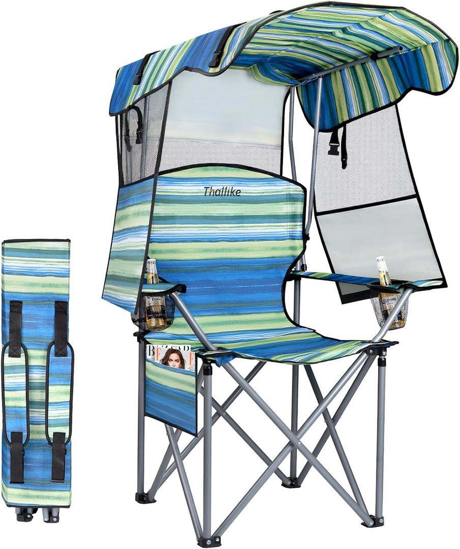 Folding Camping Chair with Reinforced Shade Canopy Comfortable Wide Seat with Cup Holder and Side Pocket Portable Outdoor Chair for Beach Fishing Sports Lawn Supports 350 LBS (Blue)