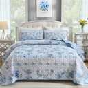 Xruibed Blue Quilt Set King Size, 3PCs Antique Rose Blue Bedspread Coverlet Set, Lightweight Soft Microfiber Floral Quilt Set with 2 Pillowcases for All Season (King Size 110"x90") | Breathable, Lightweight, Reversible