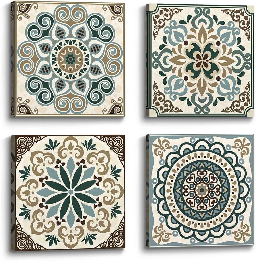 the stream design Mandala Canvas Wall Art Bedroom: Boho Flower Pattern Painting Print Picture 4 Piece Vintage Artwork for Bathroom Living Room Decor
