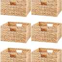 Jinei 10 Pcs Wicker Storage Basket Bulk 13 x 13 x 8 Inch Handwoven Water Hyacinth Cube Bin with Handles Woven Laundry for Organizer Shelves Wood Color