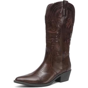 NEWBELLA Women's Western Cowboy Boots - Embroidered Fringe Pointed Toe Cowgirl Boots Chunky Heel Mid Calf Boots with Side Zip, 10