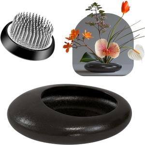 Flower Frog Vase Kit, Ikebana Flower Arrangement, Ceramic Water Drop Flower Pot & Flower Frog, Flower Arrangement Vase Kit (Dark Brown Small Size)