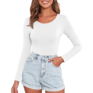 Women's Crew Neck Long Sleeve Bodysuits Basic Casual Going Out Cute Body Suits Fashion T-shirt 2025 (Medium)