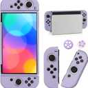 Switch OLED Case for Nintendo Switch OLED Model, Dockable Cover Soft TPU Protector Case for Switch OLED Grips & Console and Accessories with 2 Pcs Thumb Caps, Purple