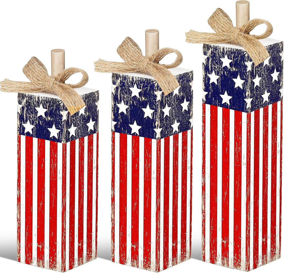 Redbaker 3 Pcs 4th of July Decorations Patriotic Tiered Tray Decor Memorial Day Decorations Red White Blue Table Block and Centerpiece Rustic Farmhouse Wood Firework Sign for Home Office Shelf Decor