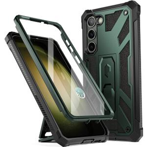 Poetic Spartan Case for Samsung Galaxy S23 5G 6.2 inch, Built-in Screen Protector Work with Fingerprint ID, Full Body Rugged Shockproof Protective Cover Case with Kickstand, Metallic Green