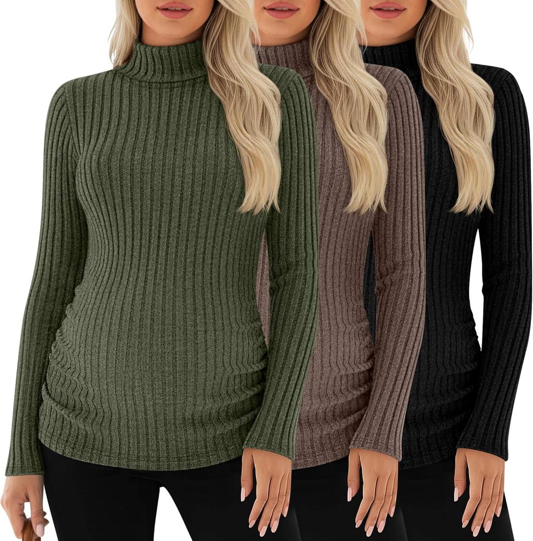 Xaatren 3 Pack Women's Maternity T-Shirts Turtleneck Long Sleeve Sweaters Side Ruched Slim Pregnancy Tee Ribbed Basic Tops (Medium, Army Green, Coffee, Black)