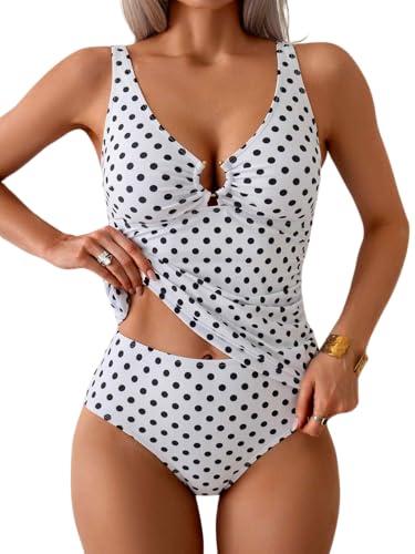 Eomenie Women's Tankini Swimsuit Two Piece Tummy Control Bathing Suit V Neck Ring Linked Swimwear with High Waisted Bottoms L