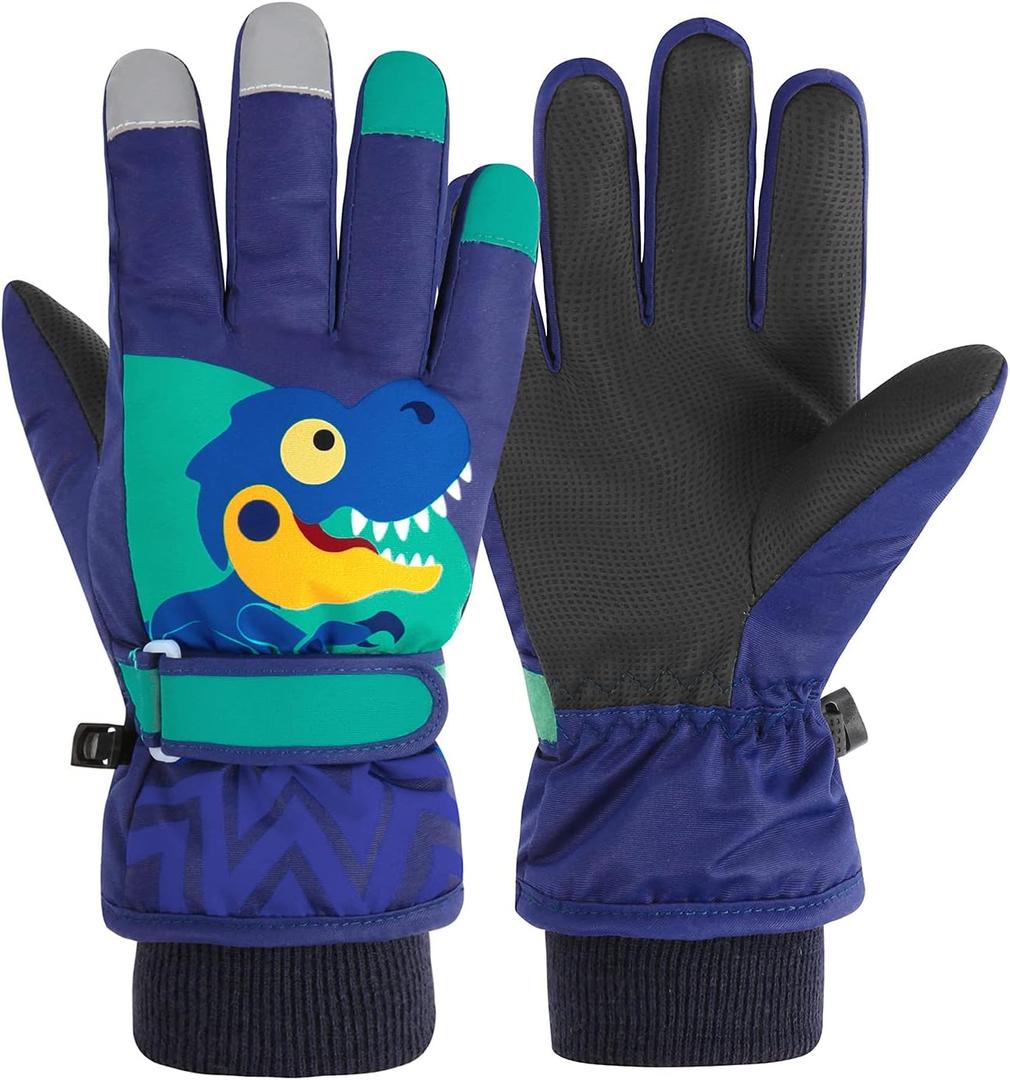 American Trends Kids Waterproof Winter Gloves Warm Snow Gloves Boys Girls Ski Gloves Toddler Mittens Windproof (XS (1-3 years old), Y Navy-Dinosaur) XS
