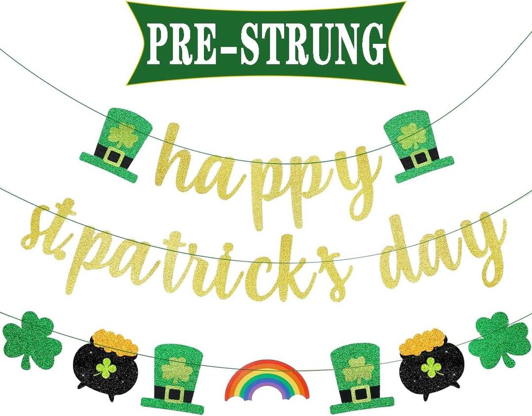 Pre-Strung Happy St Patricks Day Banner,Glitter Happy St Patricks Day Banner Sign with Irish Shamrock&Pot of Gold&Rainbow&Irish Hat Garland for Home Indoor Fireplace Mantle Photo Props Backdrop Decor